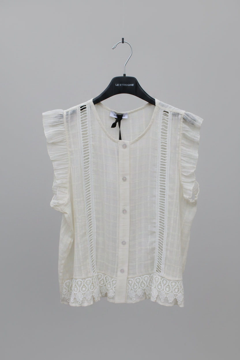 Camicia con Inserti in Pizzo e Bottoni Centrali — Color Latte